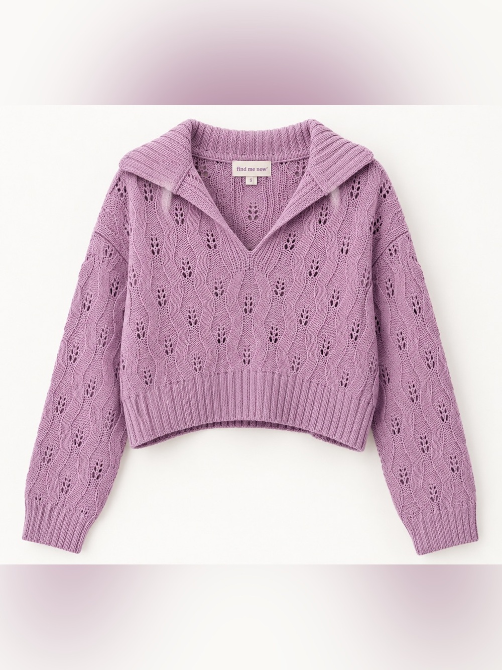 Find Me Now Cher Wisteria Pointelle Cropped Sweater S Lilac Collared Wool Blend